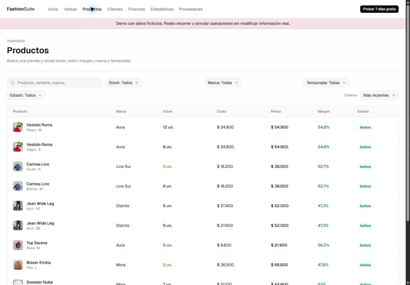 Inventario de FashionSuite con stock, costo, precio y margen por variante